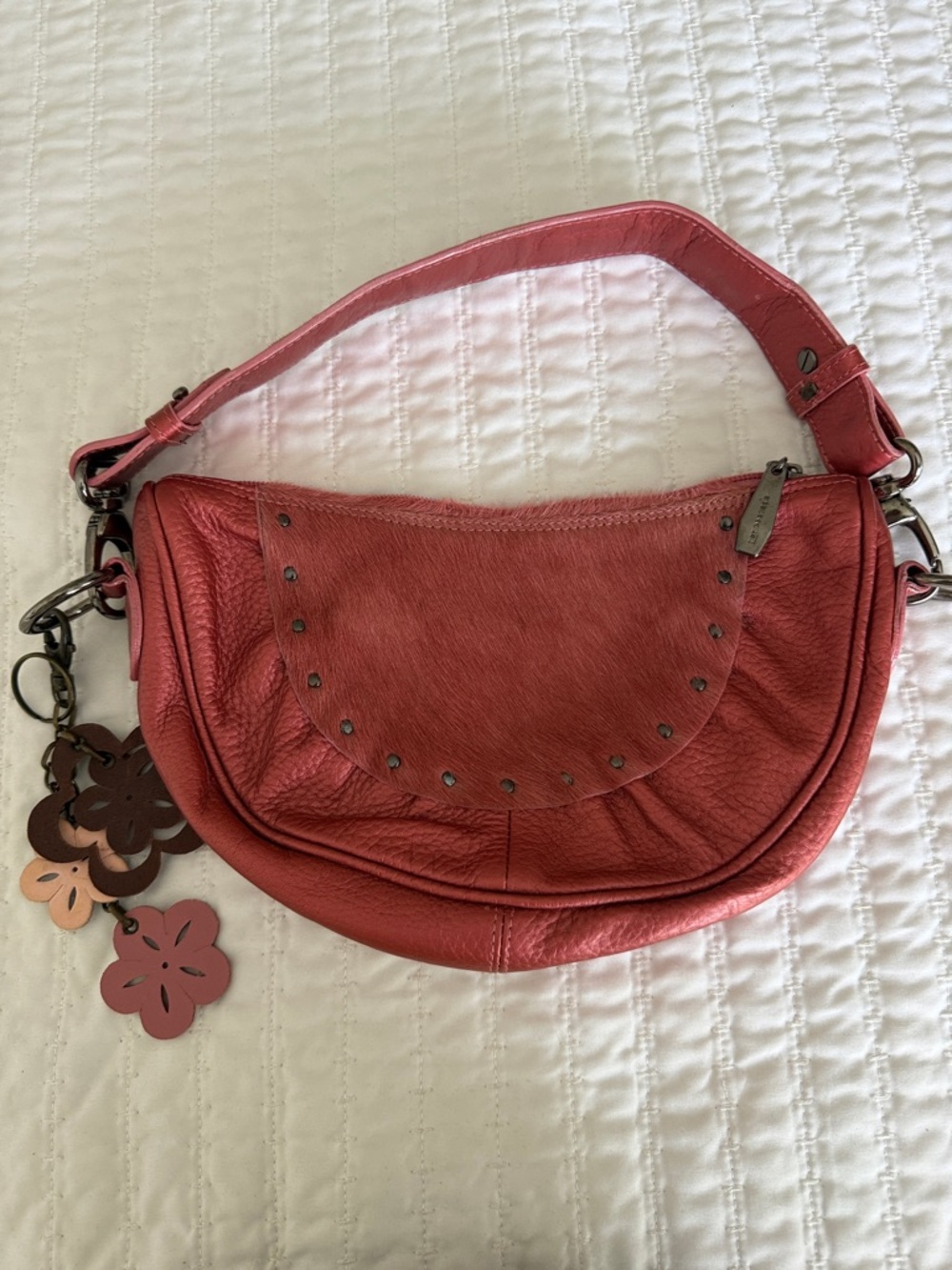Women's Coral Pink Leather Shoulder Bag with Floral Charms